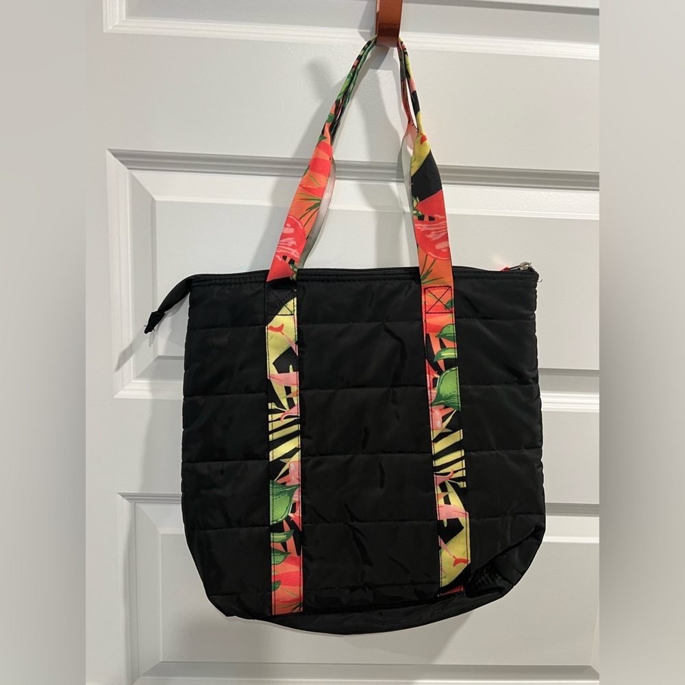 Emma & Chloe New York Tote Bag Black With Pink & Green Floral & Leaf Pattern View 5